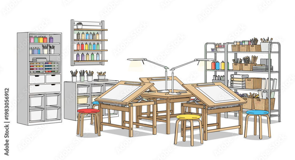 Fototapeta premium Lively art classroom interior, equipped with multiple adjustable drawing tables, colorful stools, various shelving units, and storage cabinets filled with art supplies.