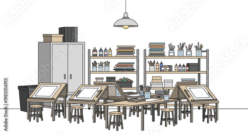 Functional art classroom setup, featuring multiple drafting tables with stools, a tall storage cabinet, and open shelving units stocked with diverse art supplies.