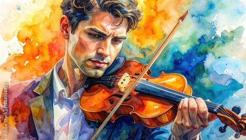 Violinist plays violin with artistic watercolor background