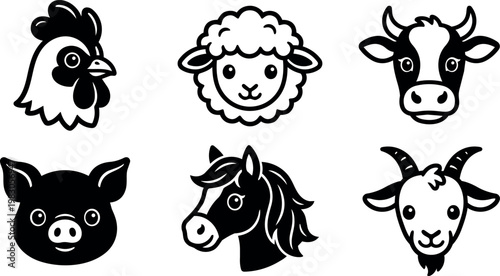 Black and white farm animal heads rooster sheep cow pig horse and goat vector art