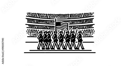 Military Parade Marching Band with American Flag at Stadium