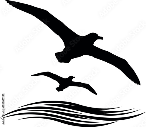 Two Seagulls Flying Over Wavy Ocean Water Silhouette Design