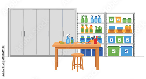 Efficient cleaning supply storage room, featuring tall closed cabinets, extensive metal shelving units stocked with various cleaning bottles, a central work table, and a stool.