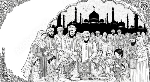 Detailed illustration of a community's traditional offering ceremony, depicting families and children reverently participating in a sacred lamb ritual against an architectural backdrop