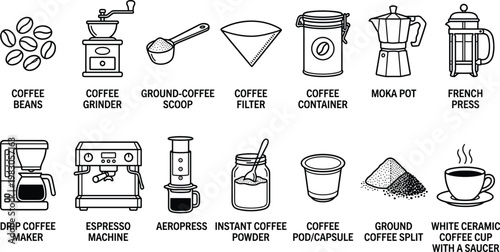 Coffee and coffee maker related items on white background vector illustration