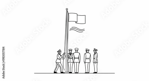 Military personnel raising flag on flagpole, patriotic ceremony, national pride, outdoor event