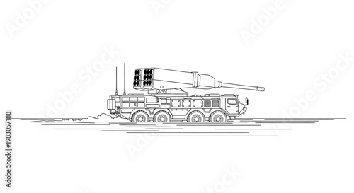 Military Rocket Launcher Vehicle - Line Art Illustration