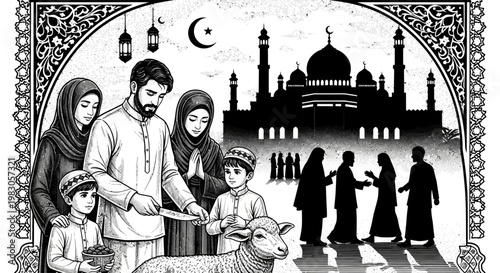 A Muslim family celebrating Eid al-Adha with a sacrifice in front of a mosque