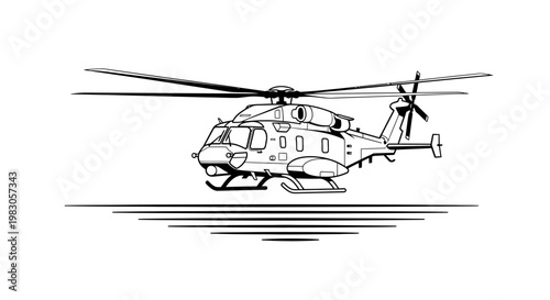 Modern Helicopter Vector Illustration - Black and White Line Art