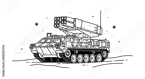 Modern Missile Launcher Vehicle, Military Armored Tracked Vehicle with Rocket System, Line Art Illustration