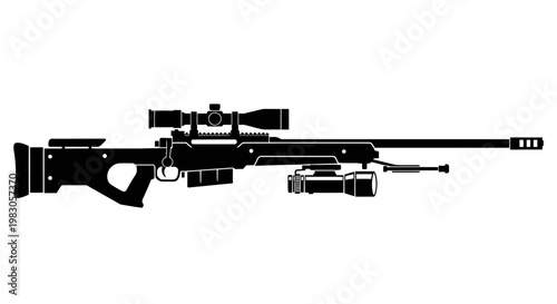 Modern Sniper Rifle Silhouette with Scope and Bipod, Military Weapon Icon