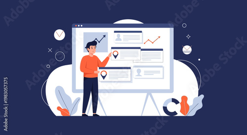 Man presenting business analytics on a whiteboard with charts and graphs, modern illustration