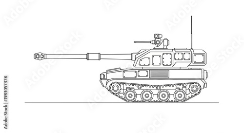 Modern Tank Outline Drawing, Military Vehicle Side View, Heavy Artillery Weapon