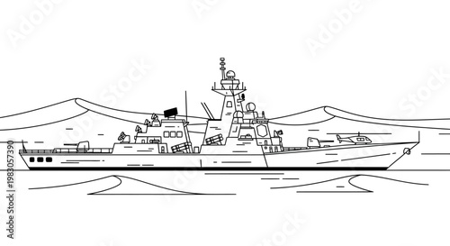 Modern Warship Illustration, Military Naval Vessel Sailing on Water