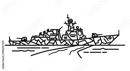 Modern Warship Silhouette with Camouflage Pattern on Water