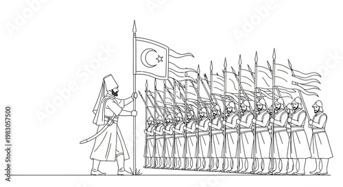 Ottoman Janissary Soldier with Crescent Flag Leading a Line of Soldiers
