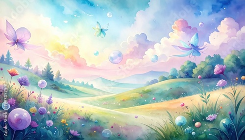 Watercolor landscape with flying creatures and vibrant meadow under a bright sky