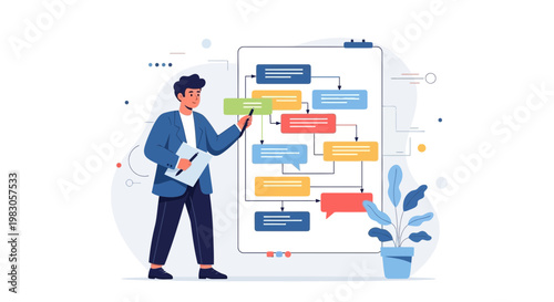 Man presenting flowchart, business process, strategy, planning, and workflow visualization