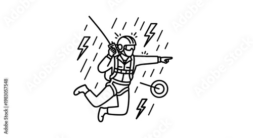 Parachutist in Stormy Weather with Lightning and Target, Extreme Sport