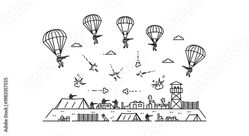 Paratroopers descend on military base, combat scene, airborne assault, war illustration