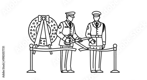 Ribbon Cutting Ceremony: Military Personnel Inaugurating Event with Wreath and Scissors
