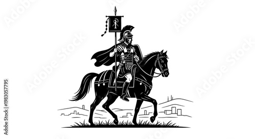 Roman Soldier on Horseback with Banner, Ancient Warrior Illustration