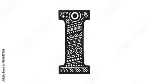 Letter I presents an elaborate black and white tribal pattern designed with precise geometric shapes.