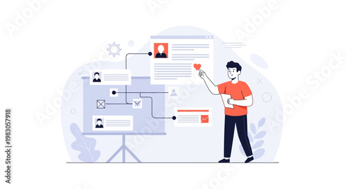 Man reviewing candidate profiles on a presentation board, HR concept