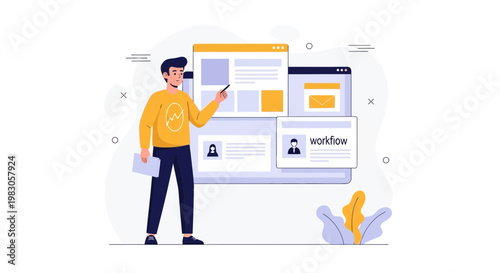 Man presenting workflow on screen, business process optimization, project management concept
