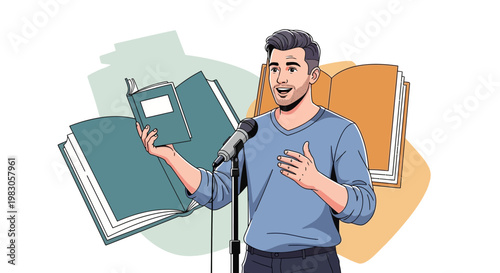 Man reading book aloud at microphone, storytelling, public speaking, education, literature
