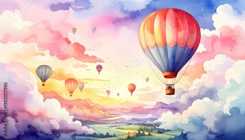 Watercolor painting of hot air balloons soaring through a vibrant colorful sky