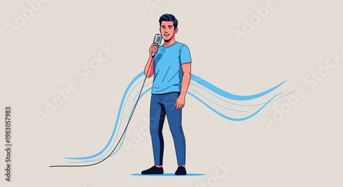 Man Singing into Microphone with Sound Waves Illustration