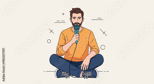 Man Sitting Cross-legged Holding Microphone, Performing or Speaking