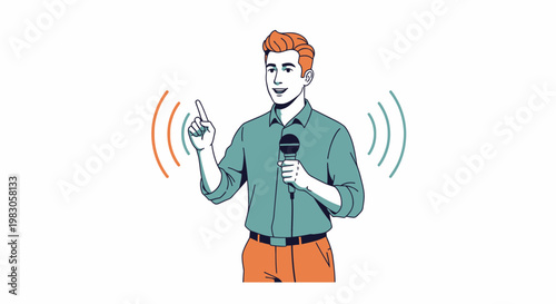 Man Speaking into Microphone with Sound Waves, Announcer, Presenter, Public Speaking