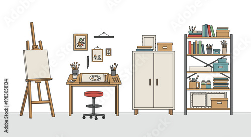 Professional artist's studio setup, featuring a wooden easel with canvas, a drawing table with stool, a storage cabinet, and a tall bookshelf filled with art supplies.