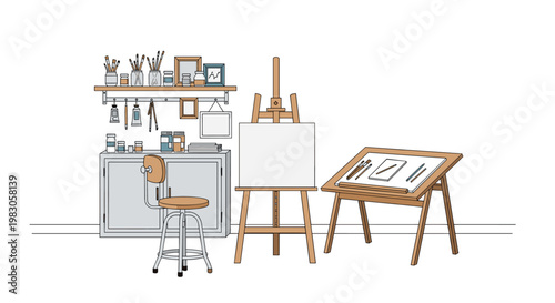 Efficient artist's creative corner, featuring a sturdy wooden easel, a practical drawing table with chair, a storage cabinet, and wall-mounted shelves displaying art and frames.