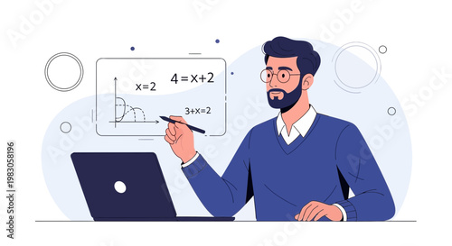 Man teaching math online with laptop and digital whiteboard