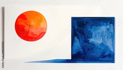 Abstract watercolor composition featuring red circle and blue square on white surface
