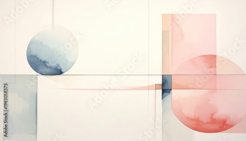 Abstract watercolor composition with geometric shapes in pastel colors