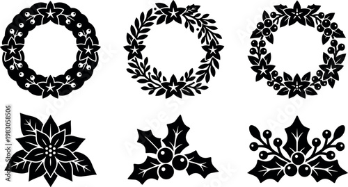 Black and white poinsettia and holly wreath and branch vector art set