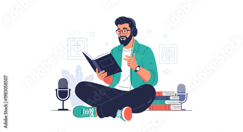 Man reading book with headphones and microphones, podcasting and learning concept