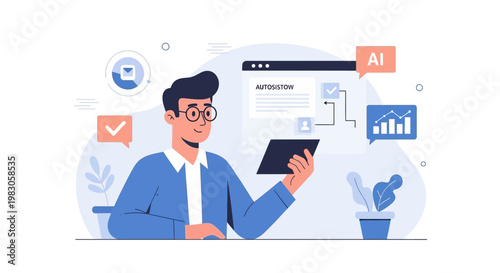 Man using tablet with AI and data analytics, business concept illustration