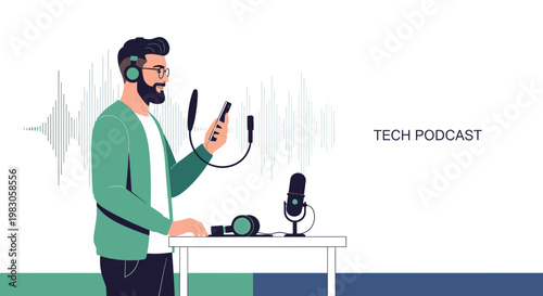Man recording a tech podcast with microphone, headphones, and sound waves
