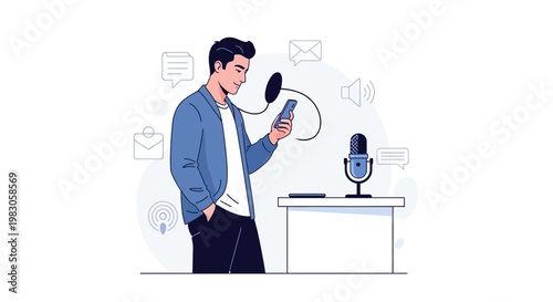 Man Recording Podcast on Phone with Microphone and Icons