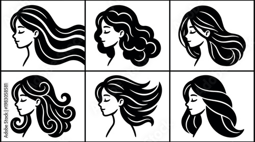 Six female profiles with flowing hair in various styles