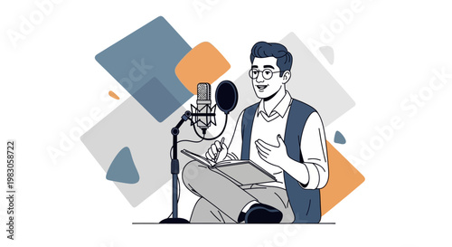 Man Recording Podcast with Microphone, Holding Tablet, Animated Geometric Shapes Background