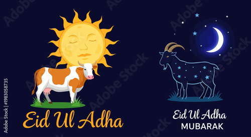 Eid Ul Adha Mubarak greetings with cow and goat illustrations