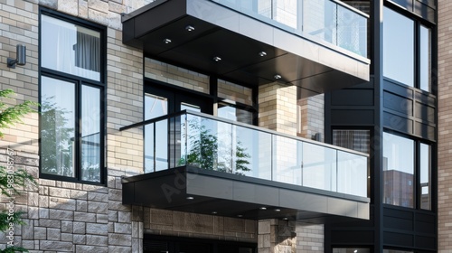 Modern apartment building with large glass balconies and stone facade. Green plants visible near the entrance. Urban architecture design.