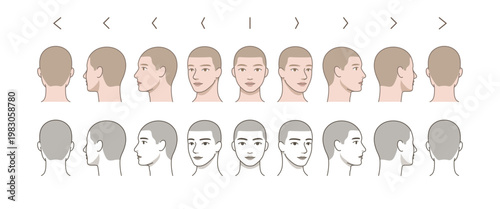 Male Head 360 Degree Rotation Set with Short Hair and Stubble, Face Angles Front Side Back View, Anatomy Reference, Character Turnaround Sheet, Multi Angle Illustration
