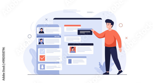 Man selecting profile from digital interface, online recruitment, user interface design
